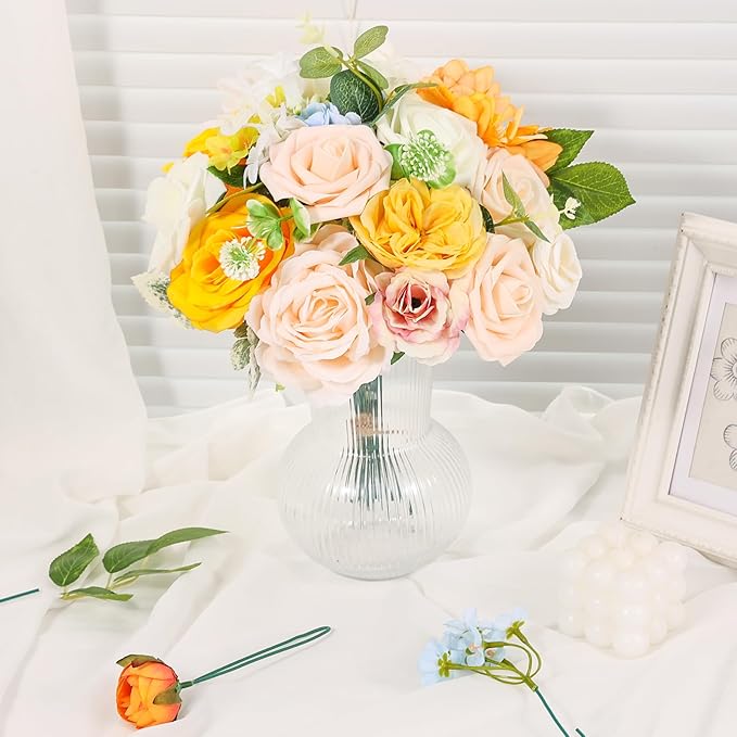 Artificial Flowers Combo Box Set Artificial Bouquets Wedding Flowers Faux Orange Flowers Roses with Stems for Wedding Centerpieces Party Home Decor