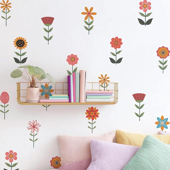YouRfocus Boho Flower Wall Decals for Nursery & Kids Room – Set of 36 Floral Wall Stickers, Removable Peel and Stick Boho Home Decor, Pastel Wall Art (6 Sheets)