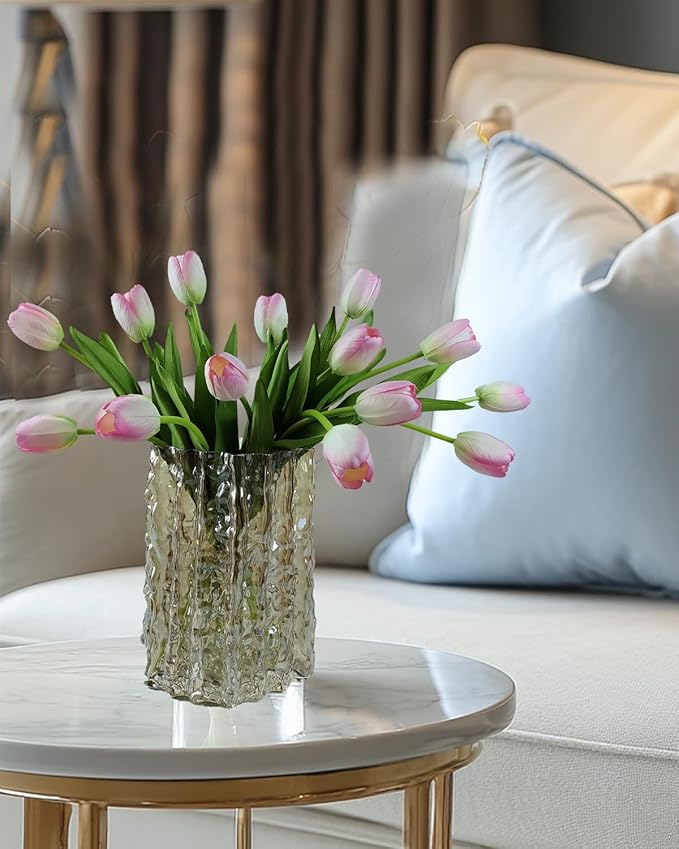 12pcs Pink Artificial Tulips, Real Touch Silk Faux Flowers, 13.8 Inch Stems, for Wedding Home Decor, Mother's Day Easter Gifts, Table Centerpiece Bouquets Arrangements