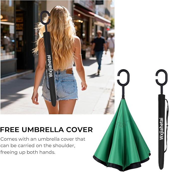 Inverted Umbrella, 49 Inch Double-Layer Vented Reverse Umbrella, Windproof Waterproof UV Protection, Lightweight C-Handle, Fiberglass Ribs, Steel Shaft, Travel/Commute/Car Use, With Sleeve