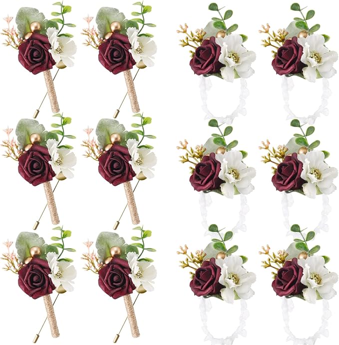 12 Pcs Wedding Wrist Corsage and Boutonniere Set Rose Wrist Corsage for Prom Boutonniere for Men Wedding Flowers Accessories Prom Suit Decorations for Wedding Ceremony Anniversary (Red)