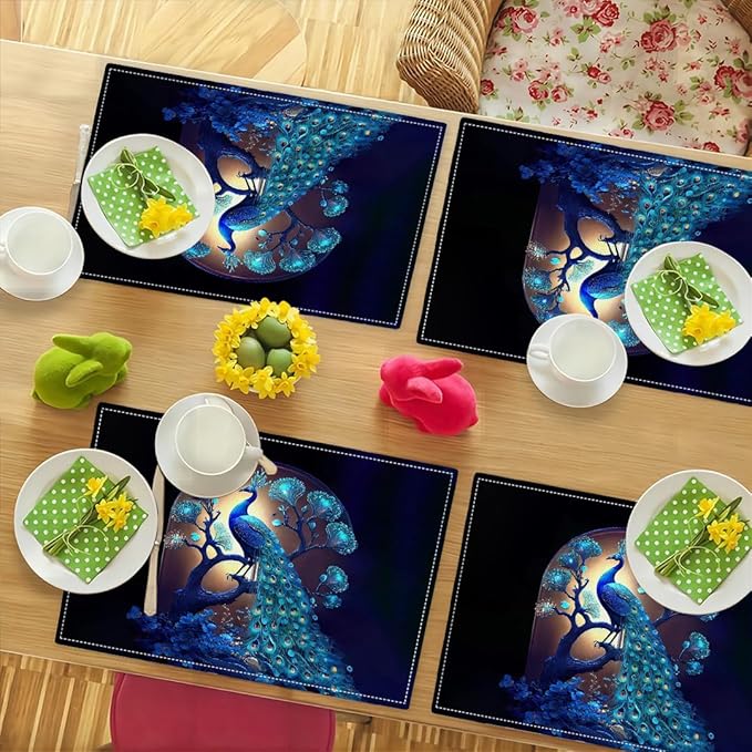 Blue Peacock Placemats Set of 4, Peacock Tree Place Mats Washable Double-Sided Table Mats for Kitchen Dining Room Home Party Indoor Decor 4 PCS 12x18 Inch
