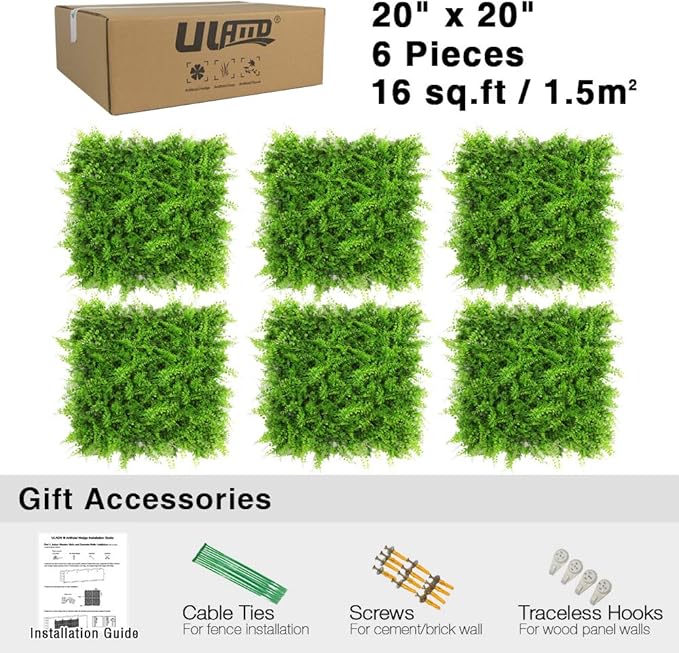 ULAND Artificial Hedges Panels, Topiary Fence Screening, Faux Greenery Grass Backdrop, Outdoor Privacy Wall Garden Fence Decoration, Pack of 6pcs 20"x20"