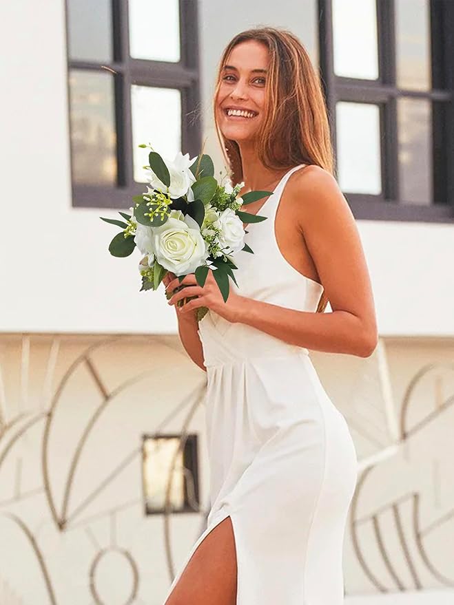 Rinlong 1Pc Wedding Bouquets for Bride Bridesmaids White Rose Green Artificial Flowers Bridesmaids Bridal Bouquet for Wedding Prom