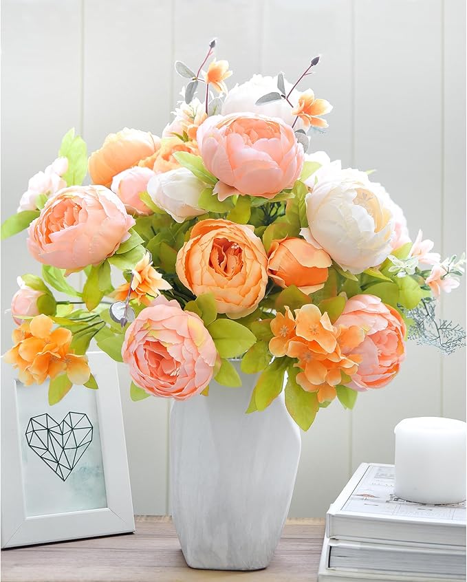 FiveSeasonStuff Harvest Keepsake Artificial Peony Bouquet – Set of 2 Faux Silk Flower Bundles with Autumn Ivory, Orange & Greenery Accents for Fall Centerpieces, Weddings & Home Decor – 1.6 ft Stems