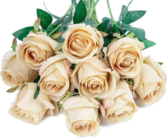 Flojery 10pcs Artificial Rose Flowers Long Stem Fake Silk Roses for DIY Wedding Bouquet Table Centerpiece Home Decor,Champagne