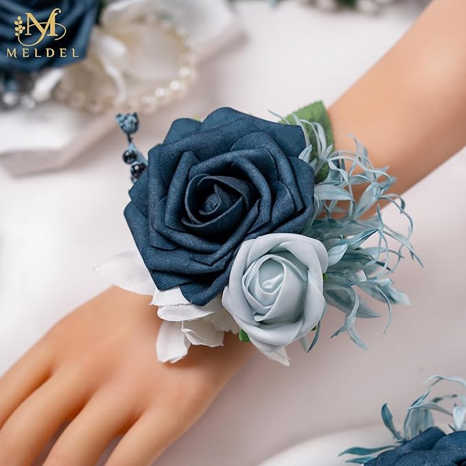 Meldel Navy Blue Wrist Corsage,Set of 6, Homecoming Wrist Flower Girl/Mother Corsages Wristlet Décor Perfect for Bride Bridesmaids Wedding Guests Hand Flower, Proms, Party, Ceremony Anniversary