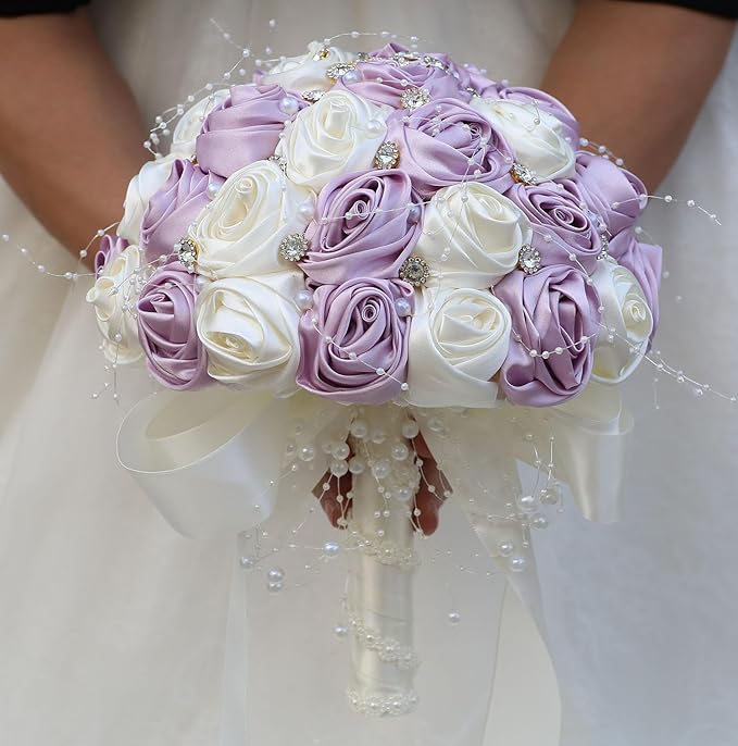 Bridal Wedding Bouquet Round Bling Brooch Bouquet Throw Toss Artificial Rose Flower Bunch for Bride Bridesmaid Wedding Quinceanera(Light Taro Purple & Ivory, 8.7")