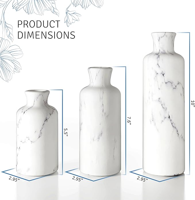 Creative Scents White Marble Look Vase Set with Matching Decor Tray, Perfect for Holding Pampas Grass, Dried/Fresh Flowers, Vases for Your Kitchen, Bedroom, Office, Living Room, Bathroom, Shelf Decor