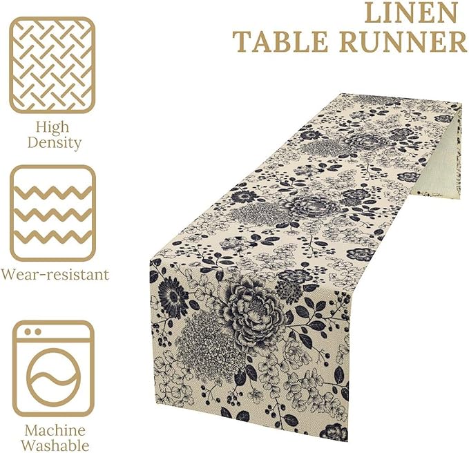 Boho Floral Table Runner, Vintage Rose Peonies Hydrangea Flower Botanical Aesthetic Gothic Beige Black Garden Table Runner for Indoor Outdoor Home Party Holiday Decor, 13x70inch