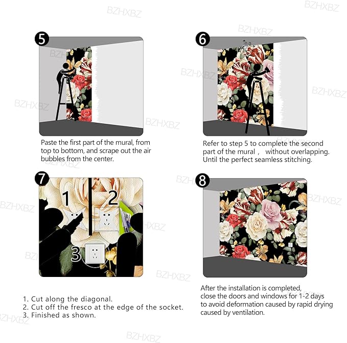 Black Rose Floral Wallpaper Botanical Flowers Leaf Bedroom murals Aesthetic Room Decor Living Room tv Background Large Wall Mural - 160"x108" Not Peel and Stick