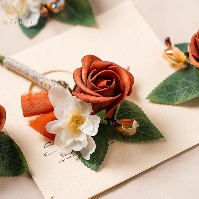 Meldel Rose Boutonniere for Men Wedding, Set of 6, Guest Groom Groomsmen Boutonnieres Prom Corsage for Weddings Homecoming Ceremony Anniversary Party Suit Decoration Flower, Burnt Orange/Terracotta