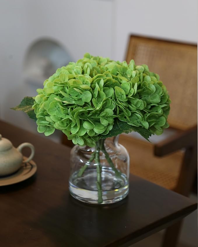 Lifelike Artificial Hydrangea Arrangement in Decorative Vase - Real Touch Fake Flowers for Home, Office, Bathroom or Water Bar Decor, Elegant Table Centerpiece (No Water Needed) (Green)
