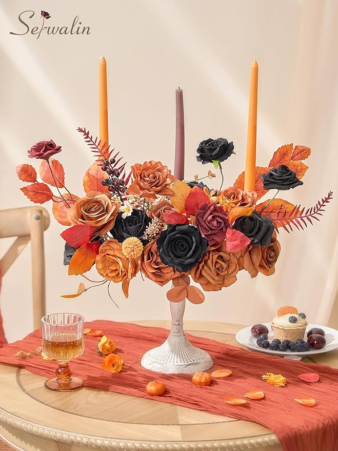 Serwalin Artificial Orange & Black Flowers, Silk Fake Flowers, Autumn Faux Flowers for Wedding Bouquet, Table Centerpieces, Home Decor