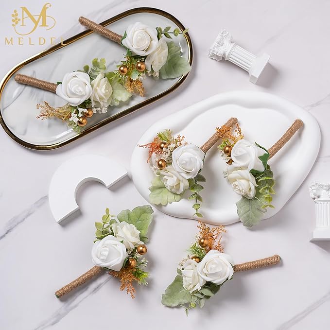 Meldel White Boutonniere for Men Wedding,Set of 6,Groom and Groomsman Boutonniere for Wedding,Greenery Rose Corsage for Men Ceremony Anniversary Party Prom Homecoming