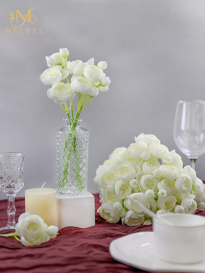 Meldel 32Pcs Ranunculus Artificial Flower, Faux Silk Mini Ivory White Ranunculus Flowers for DIY Bouquet, Bulk Fake Peony Wedding Filler Flowers for Centerpieces Arrangements Bridal Shower Decorations