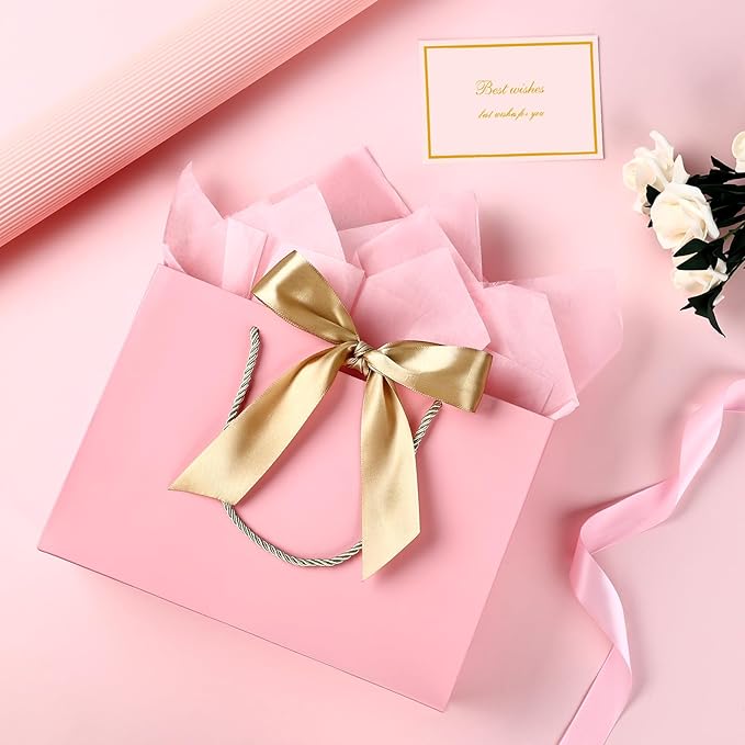 JMANNI Medium Size Gift Bags - 2Pcs Paper Gift Bag with Handles, 4 Tissue Paper & 2 Greeting Cards for Women, Girls, Bridesmaid, Birthday, Valentines, Wedding, Party (Pink)