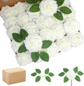 200PCS Milk White Artificial Flowers Roses Real Looking Foam Fake Roses with Leaves for DIY Wedding Bouquets Bridal Shower Party Decorations (Ivory, 200)