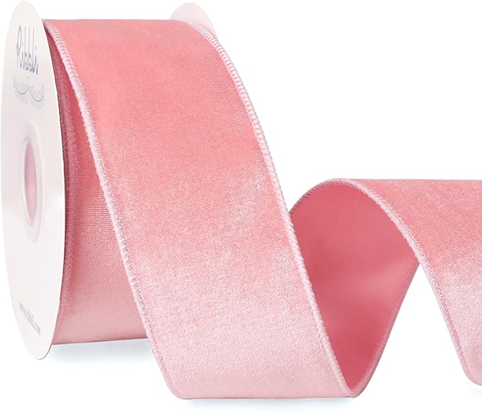 Ribbli Light Pink Velvet Wired Ribbon 2.5 Inch Velvet with Satin Christmas Ribbon for Gift Wrapping Christmas Tree Decoration Crafts Wreaths Supplies-Continuous 10 Yards