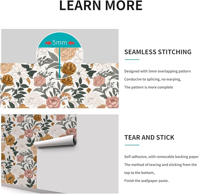 Vintage Peel and Stick Wallpaper,Boho Wall Paper Stick on Bcacksplash,17.3"x118" Contact Wallpapers,Wildflowers Botanical Papers,Removable&Renter Friendly Bright Floral Paper(1 Roll)