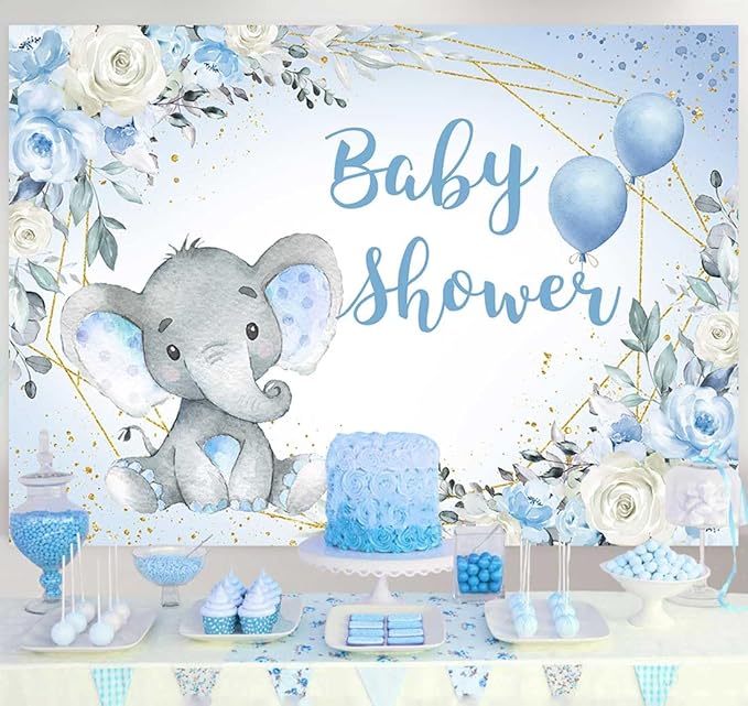Elephant Baby Shower Backdrop Blue Flower It's A Boy Elephant Baby Shower Party Decorations Photography Background Little Peanut Cake Table Banner Photoshoot Supplies 7x5ft