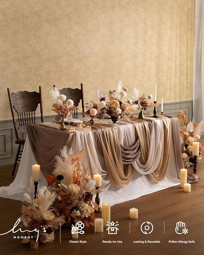 Ling's Moment Wedding Arch Draping Fabric 3 Panels 20Ft Chiffon Fabric,Sheer Draping Fabic for Wedding Arrangement Ceremony Reception Backdrop Party Swag Home Decor (Nude & Walnut Brown)