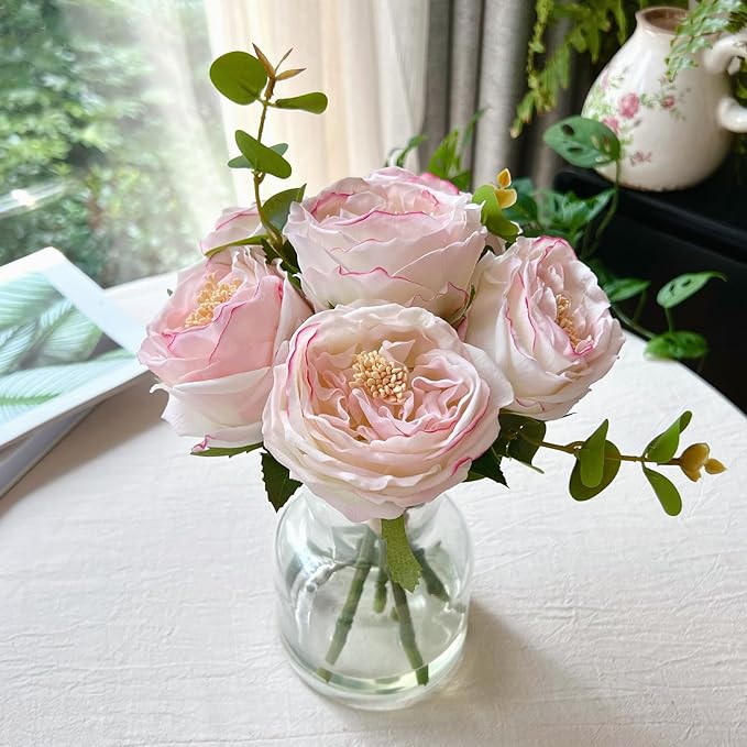 Artificial Flowers in vase, Vivid Faux Rose Flowers Arrangements, Austin Rose Centerpieces for Tables, Flower Ornaments and Flower Arts for Living Room (Champagne)