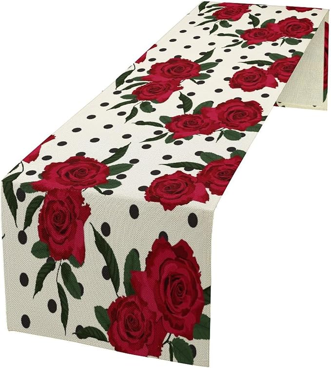 Red Rose Print Table Runner, Romantic Valentines Vintage Rose Spring Summer Dinner Runner Table Decoration for Home Kitchen Dining Holiday Wedding Party 13x90in