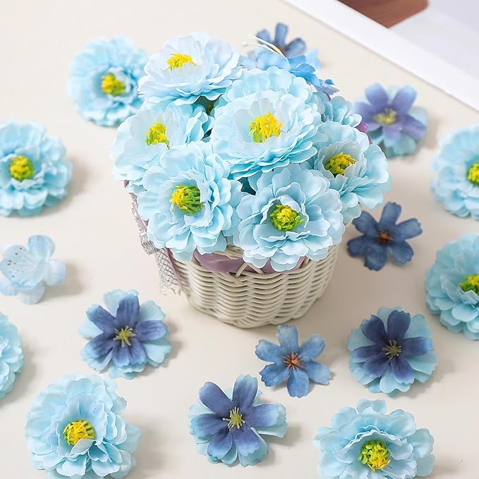 210Pcs Mini Fake Flower Heads Blue Small Silk Faux Flower Heads Artificial Rose Daisy Multicolor Flowers Bulk for Cake Crafts DIY Graduation Cap Wedding Hair Dresses Wreath Party Home Decor