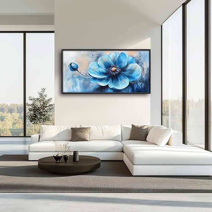 Extra Large Abstract Blue Flower Framed Wall Art for Living Room,Oversized Elegant Floral Pictures Wall Decor,Canvas Print Painting Modern Artwork Bedroom Office Bathroom 60L x 30W