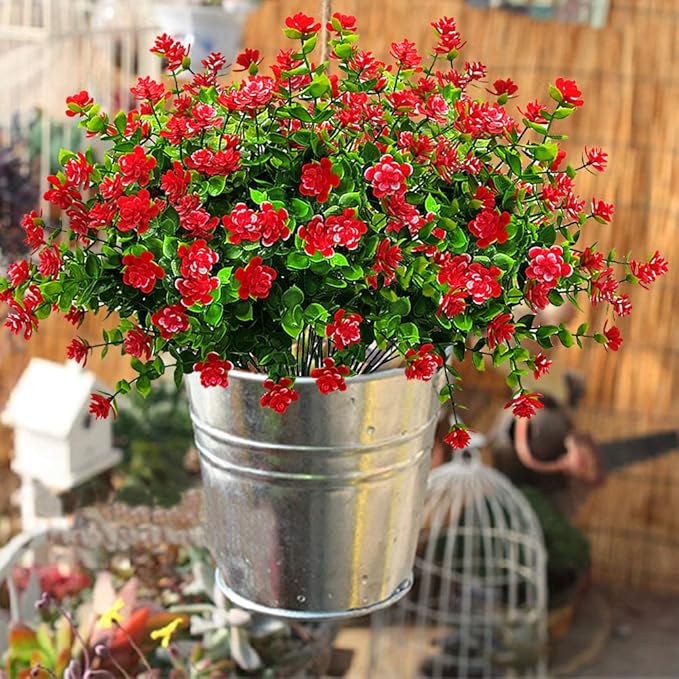 10 Bundles Artificial Fake Flowers, Faux Outdoor Plastic Plants UV Resistant Shrubs Outside Indoor Decorations (Red-Eucalyptus)