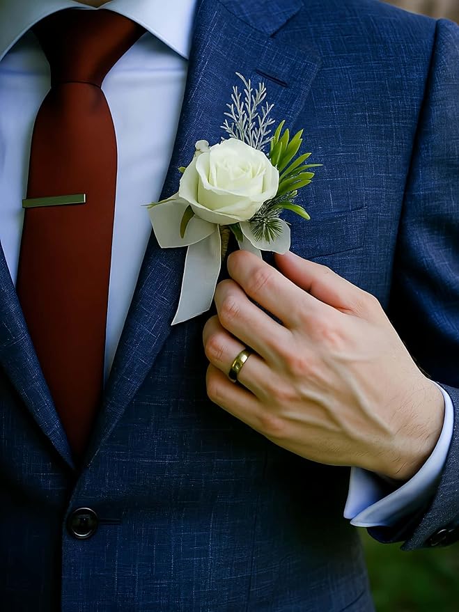 White Boutonniere and Corsage Set - 2Pcs Groom Boutonniere & Wrist Corsage Bracelets for Wedding, Prom and Anniversary,Formal Dinner Party,Ring Bearer & Niece Accessories
