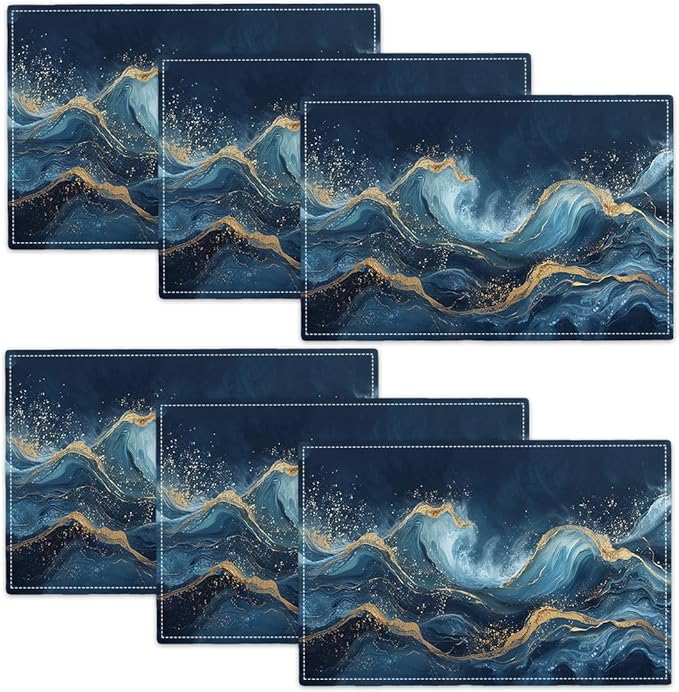 Abstract Blue Wave Placemats Set of 6, Sea Navy Double-Sided Table Mats for Kitchen Home Party Indoor Decor 6 PCS 12x18 Inch