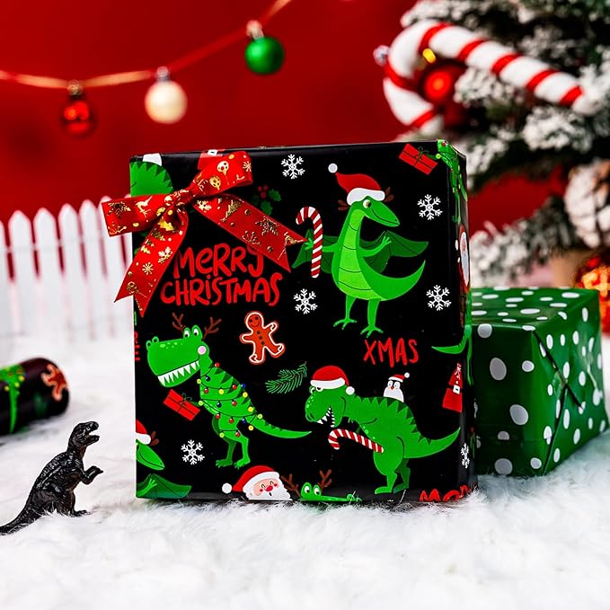 Yarcony Reversible Black Christmas Wrapping Paper for Kid, Funny Dinosaur and Santa Claus Pattern Christmas Gift Wrapping Paper for Kids Boys Men Holiday Gift Packaging (Mini Roll, 17 Inch X 33 Feet)