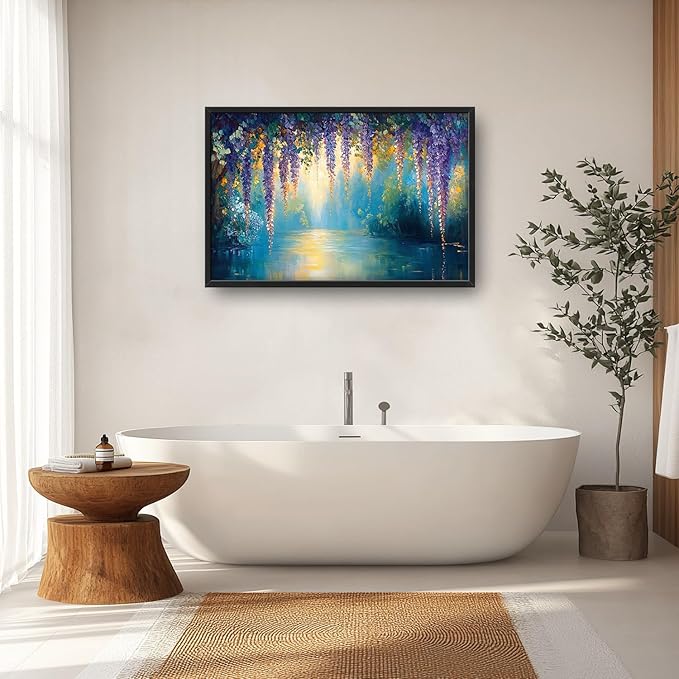 Wisteria Floral Large Wall Art Country Flower Pictures Wall Decor Lake Canvas Landscape Print Painting Modern Artwork Home Decoration for Living Room Bathroom Bedroom Office Framed 36"x24"
