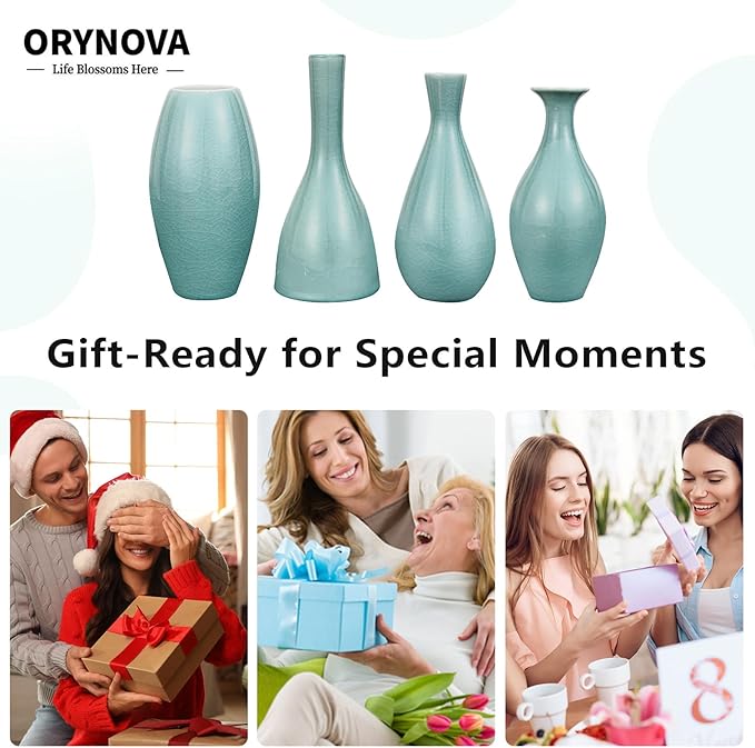 Ceramic Vase Set of 4, Elegant Azure Color Vase for Rustic Modern Home Decor, Crackled Ice Patterns Glaze Decorative Vases for Living Room, Kitchen,Table,Shelf,Office,Housewarming,Gift