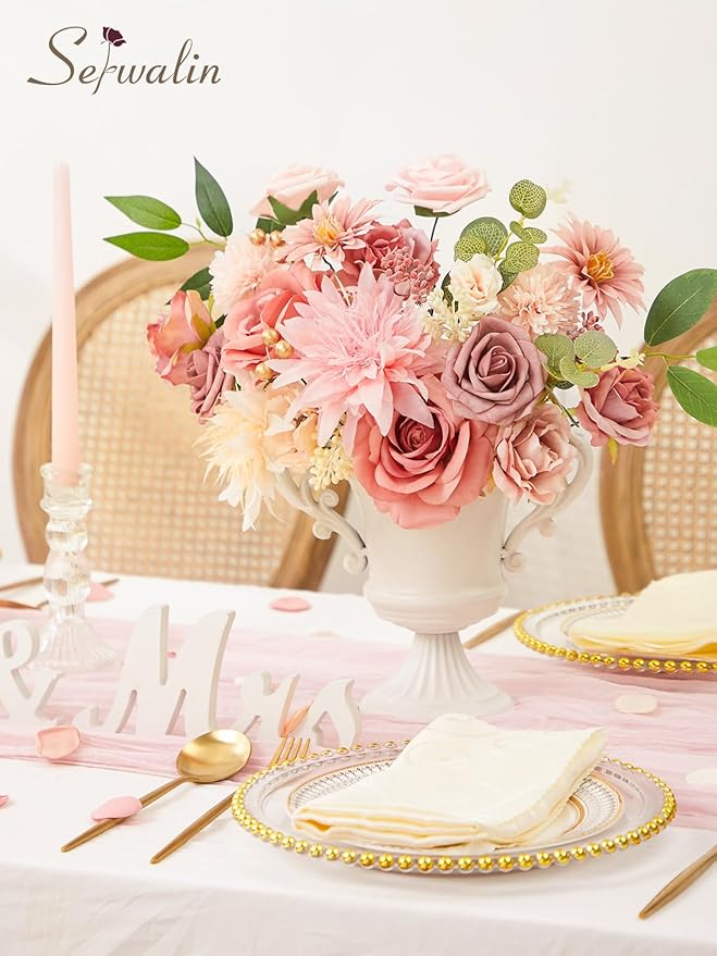 Serwalin Pink Artificial Flowers, Fake Silk Dahlia Flowers Wedding Cake Flowers for Wedding Bouquets Table Centerpieces Baby Shower Home Decor