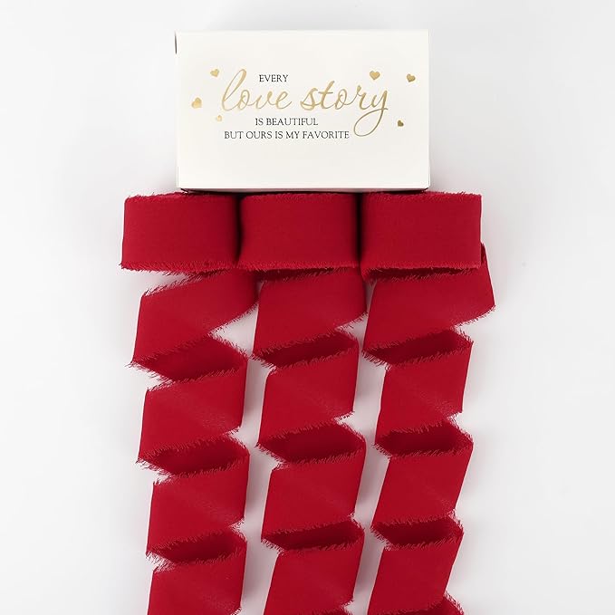 MEEDEE Red Chiffon Ribbon 1 Inch Frayed Ribbons Chiffon Silk Red Fringe Ribbons Thin Chiffon Ribbon for Crafts, Gift Wrapping, Wedding Invitation (3 Rolls 21 Yards)