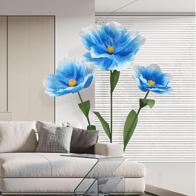 5.9 Ft Large Paper Artificial Flowers,Giant Flowers for Decoration,Standing Huge Handcrafted Poppy Flowers for Garden,Hotel,Office,Photography Props,Wedding,Art Gallery,Shop Window Display(B-Blue)