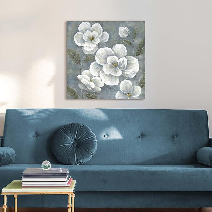 summer melody White Floral Canvas Wall Art - Vintage Blooming Gray Flowers Painting Abstract Botanical Picture Modern Prints Artwork for Bedroom Living Room