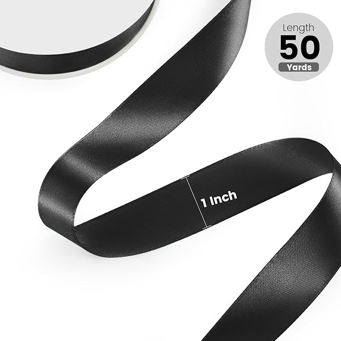 1" x 50 Yards Satin Ribbon - Black Silk Ribbon with Spool - Ideal for Gift Wrapping, Floral Bouquets, Crafts, Wedding Party Decorations, Christmas and Sewing Projects