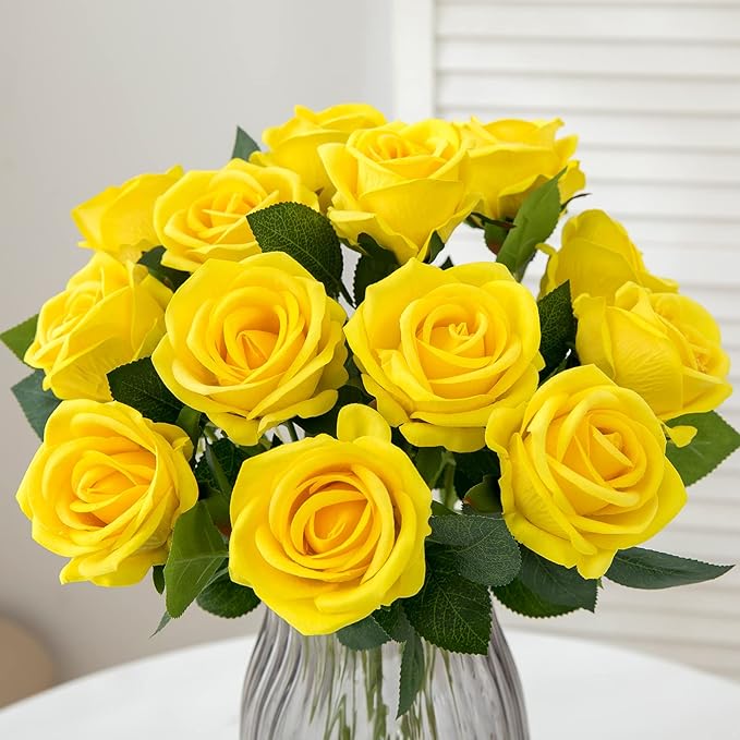 Hawesome 12PCS Artificial Roses Silk Flowers Fake Roses Bouquet Long Stem for Home Wedding Decoration Party (Yellow)