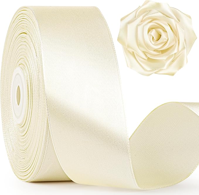 1-1/2 Inch Wide Ivory Satin Ribbon, 50 Yards Solid Polyester Fabric Ribbon for Roses Making, Gift Wrapping, Christmas, Wedding Decorations, Crafts, Bows