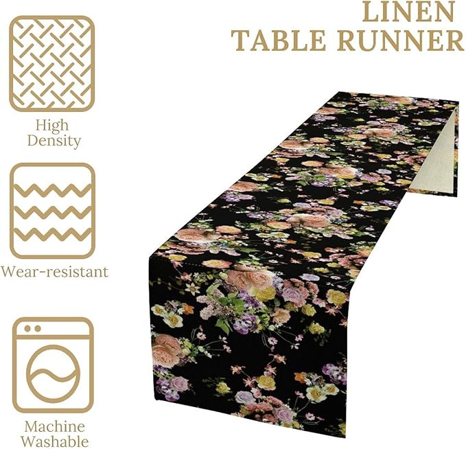 Vintage Floral Table Runner,Gothic Retro Flowers Spring Summer Seasonal Table Runner for Home Kitchen Table Dining Indoor Outdoor Party Decor 13x60 Inch