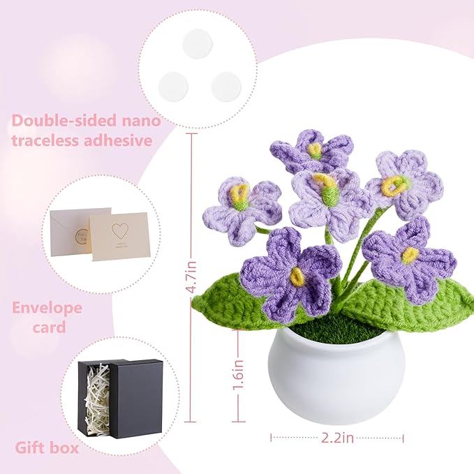 Gradient Purple Crochet Flowers Cute Handmade Knitted Potted Flower Plants for Teacher Women Birthday Anniversary Valentines Decor for Car Home Room Office Desk Accessories