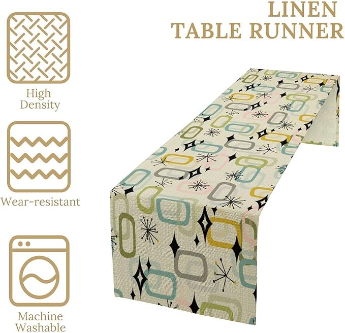 Mid Century Table Runner, Flag Retro Atomic Starburst 1950s Abstract Geometric Space Tabletop Decoration for Home Kitchen Restaurant Table Flag 13x36 Inch