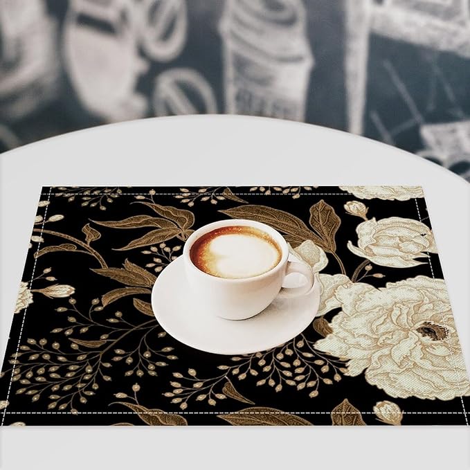 Black Gold Floral Placemats Set of 6, 17x12 Inch Abstract Vintage Rustic Flower Botanical Aesthetic Art Print Table Mats for Home Party Kitchen Dining Decor