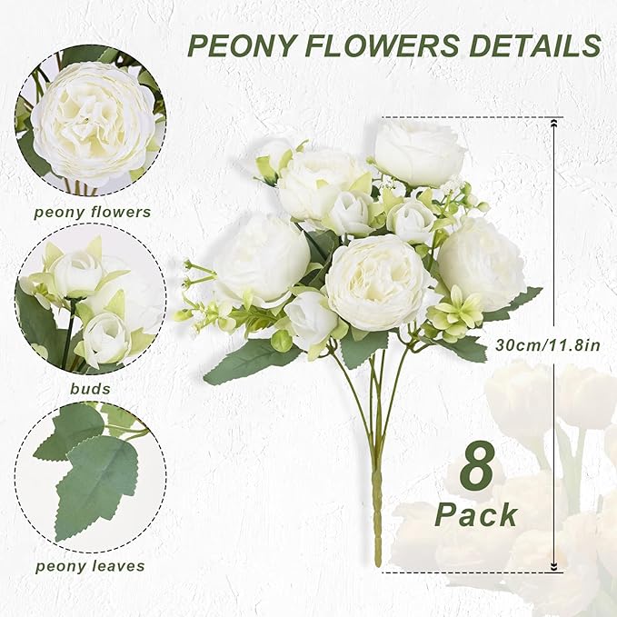 MARTINE MALL 8 Packs Peonies Artificial Flowers, White Artificial Peonies, Silk Peonies Flowers Fake Peonies Artificial Flowers Peonies Bouquet for Centerpiece Table Wedding Party Home Decor