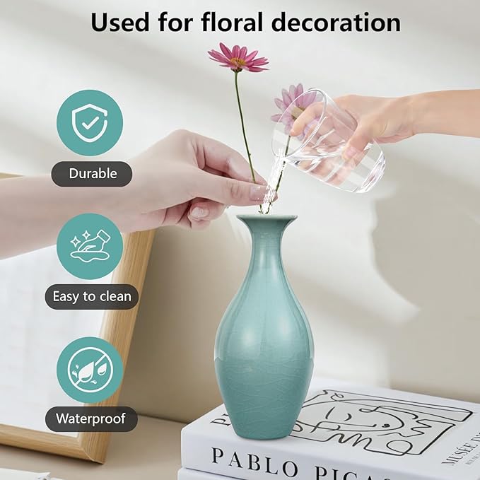 Ceramic Vase Set of 4, Elegant Azure Color Vase for Rustic Modern Home Decor, Crackled Ice Patterns Glaze Decorative Vases for Living Room, Kitchen,Table,Shelf,Office,Housewarming,Gift