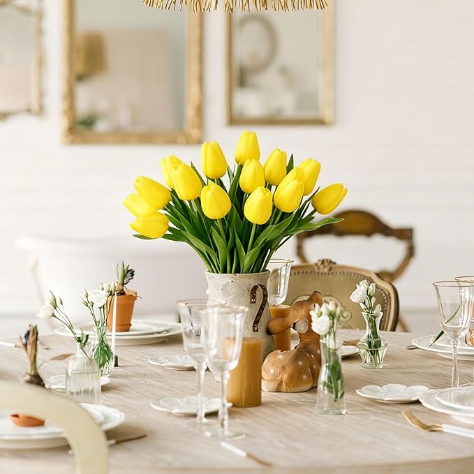 Real Touch Artificial Tulips, 20pcs Fake Tulip Flowers Stem, PU Faux Tulips 13.5” for Mother's Day, Home Decor, Wedding, Easter Valentine's Gift, Table Centerpiece, Floral Arrangements, Yellow